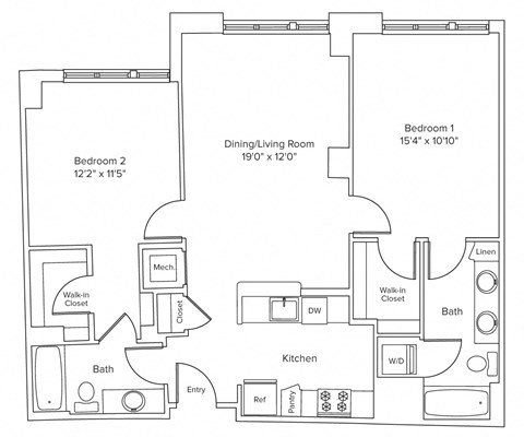 Floor plan for 2 beds, 2 baths, 1043 sqft